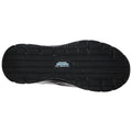 A black shoe sole is displayed with a textured grip pattern featuring grooves and treads designed for traction labeled with the words Relaxed Fit and Slip Resistant