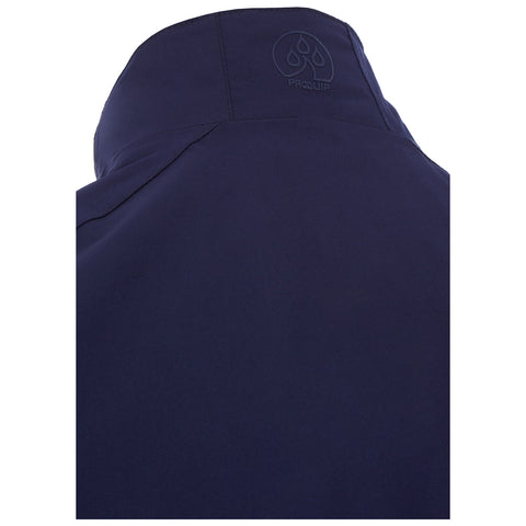 A dark navy jacket is shown with a focus on the collar area The garment has a subtle embossed logo that resembles water droplets and indicates brand identity