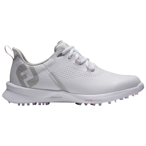 A white golfing shoe is positioned sideways displaying a sleek design with a gray logo and a textured surface featuring small perforations the shoe is suitable for outdoor sports.