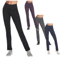 Four pairs of athletic pants are displayed in various colors including black purple gray and navy while being worn by a model showing a casual sporty style.