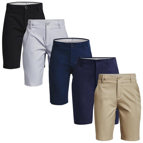 A line of four pairs of shorts in varying colors including black white navy and khaki arranged neatly displaying their button closures and front pockets against a plain background