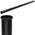 A long plastic pipe stands upright against a plain white background reflecting light and showcasing its smooth cylindrical surface and rounded edges.