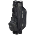 A black golf bag stands upright featuring multiple zippered compartments for storage showcasing a sleek design with a sturdy base suitable for carrying equipment on a golf course.