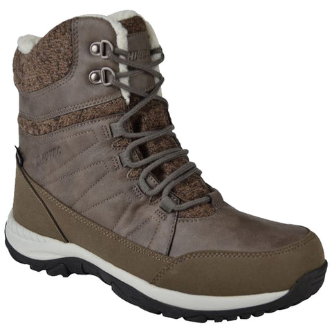 A brown winter boot features a textured upper with laces and a padded collar designed for warmth and support ideal for cold outdoor conditions.