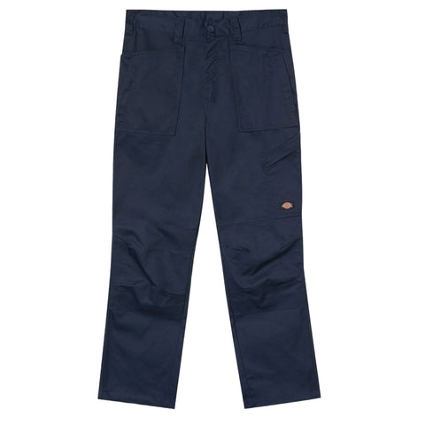 Dark navy cargo pants are displayed flat with multiple pockets and a logo tag on the side designed for utility wear suitable for work or casual environments.