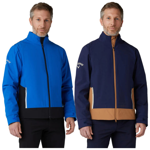 A male model displays two jackets side by side one is blue with black accents the other is navy with brown accents both feature a high collar and zippered pockets