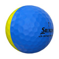 A blue and yellow golf ball displaying the brand name Srixon and the number 1 rests in an undetermined background emphasizing its smooth, dimpled surface and vibrant colors.