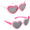 Two pairs of heart-shaped sunglasses are displayed. One pair is pink with white polka dots, while the other is white with pink polka dots and a small bow.