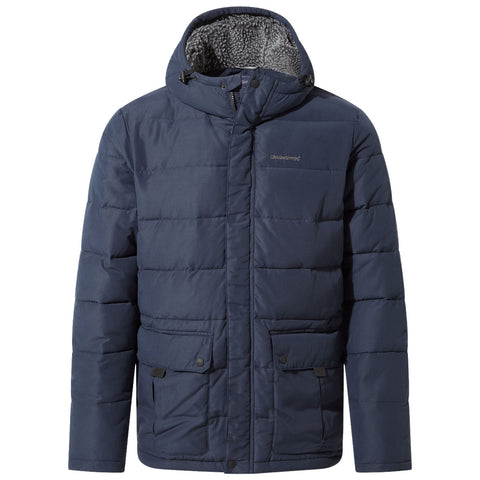 A dark blue puffer jacket hangs upright displaying its insulated design with a hood and a soft inner lining while feature details include buttoned pockets and a zip-up front closure