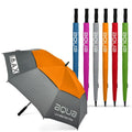 Big Max Aqua UV 58" Double Canopy Umbrella A large orange and gray umbrella labeled with UV protection is displayed alongside six smaller colorful umbrellas in various shades and designs featuring the brand logo.