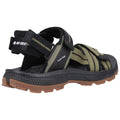 Black and olive green sandal features adjustable straps and a textured sole designed for traction suitable for outdoor activities on various terrains