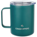 A teal insulated mug with a clear lid sits upright featuring a handle and the word Craghoppers printed on its surface, designed for holding beverages while maintaining temperature.