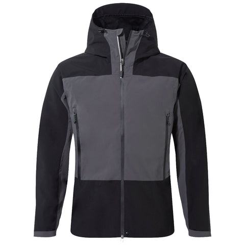 A hooded jacket in shades of gray and black is displayed upright with a front zipper and side pockets showcasing a modern design suitable for outdoor activities in variable weather conditions.