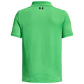 A bright green polo shirt with short sleeves sits against a plain background showcasing a minimalist design and featuring a black logo on the upper back without any visible text.