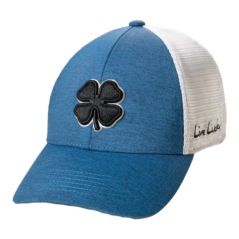 A blue and white baseball cap features a black four-leaf clover emblem on the front and "Live Lucky" embroidered on the side, designed for casual wear or outdoor activities.