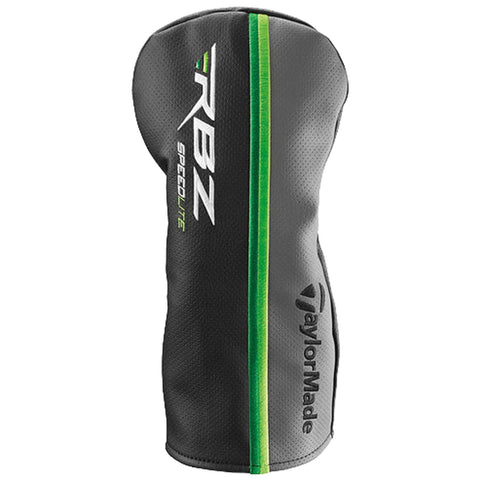 A black and green golf club headcover with a snug cylindrical shape protects the club while displaying the brand TaylorMade and the model RBZ SpeedLite, suitable for golf accessories.