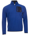 A blue half-zip fleece pullover features a black chest pocket with a zipper and the initials CK embroidered. The pullover is designed for casual or outdoor wear.