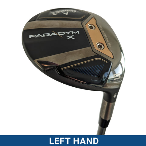 A golf club head is prominently displayed featuring sleek black and metallic accents with the text "PARADYM X" and a logo. The club is oriented for left-hand use.