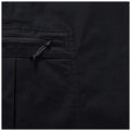 A black fabric panel features a zippered pocket with a pull cord highlighting its utilitarian design and emphasizing simplicity in form and function within a minimalistic context.