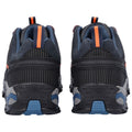 A pair of black athletic shoes with blue and orange accents is displayed from the back showcasing the padded collar and textured design on the heel and sides suitable for running or training.