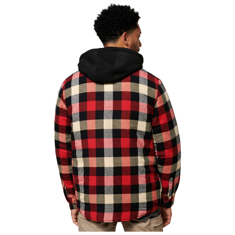 A person is wearing a red and black plaid shirt with a black hood. They are facing away, shown in a simple environment with a plain background.