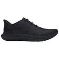 A black athletic shoe with a textured upper and rounded toe is positioned on a flat surface showcasing its sleek design and lace-up closure suitable for running or training.