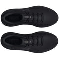 Black athletic shoes are displayed from above with laces secured in place they feature a textured design and cushioning system in a neutral background