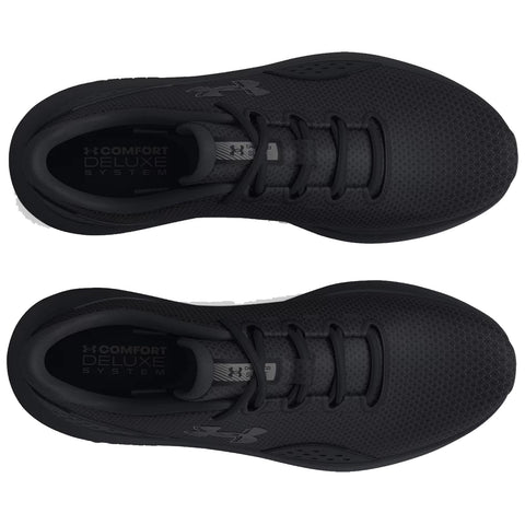 Black athletic shoes are displayed from above with laces secured in place they feature a textured design and cushioning system in a neutral background