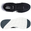 Black athletic shoes are shown from above and below with mesh detailing and a white sole The insole displays the text SKECHERS Air-Cooled MEMORY FOAM