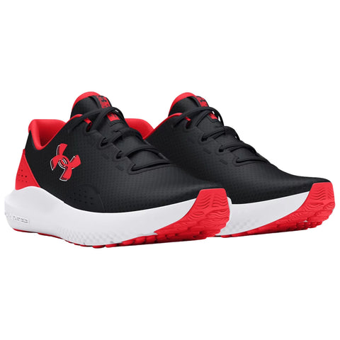 Black and red athletic shoes are positioned together showcasing their sleek design with a prominent logo displaying dynamic textures and contrasting colors suitable for sports or casual wear.