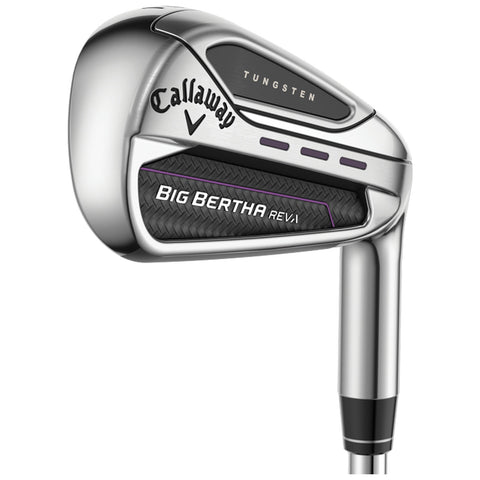 A golf club head is displayed featuring a shiny chrome finish with an engraved brand name Callaway and model Big Bertha Rev1 while the club shaft extends forward ready for use.