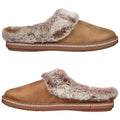 A pair of brown slippers is displayed with a soft fur lining. One slipper is positioned above the other, highlighting their warm and cozy design meant for indoor use.