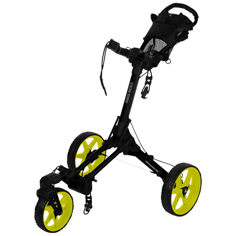 A black golf pushcart with three yellow wheels is displayed standing upright it features a handle for steering and has straps for securing golf bags while moving.