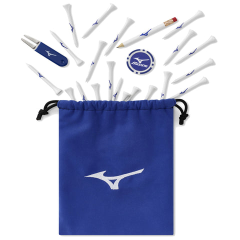 A blue drawstring pouch containing multiple white golf tees a golf ball marker a pencil and a divot tool is shown with items scattered around the pouch.