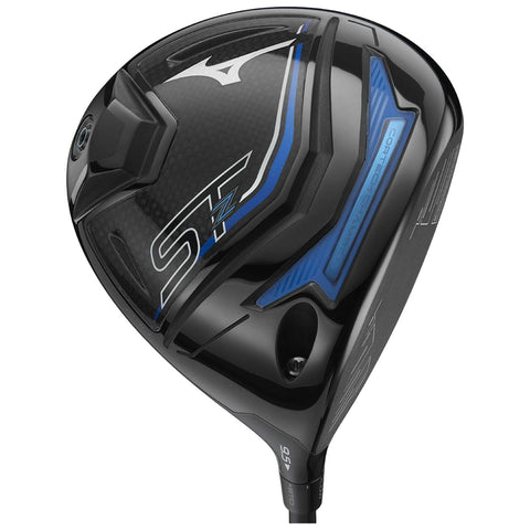 A black and blue golf driver features a sleek aerodynamic design with a textured surface showcasing the brand logo and model name prominently displayed on its head.