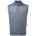 A gray sleeveless vest is displayed with a front zipper and orange accent along the zipper This garment is designed for outerwear possibly for cooler weather or outdoor activities