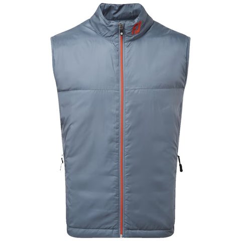 A gray sleeveless vest is displayed with a front zipper and orange accent along the zipper This garment is designed for outerwear possibly for cooler weather or outdoor activities