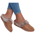 Soft, brown slippers with a furry cuff are worn on a person's feet. The legs are dressed in fitted blue jeans at home or a cozy environment.