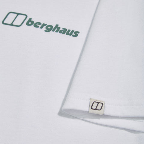 A white t-shirt is displayed featuring the brand name berghaus in green text on the front and a small label with a logo on the sleeve.