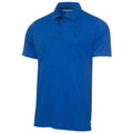 A blue polo shirt hangs vertically displaying three buttons and a collar with a small black logo on the left side against a plain background, suggesting a casual, stylish appearance.