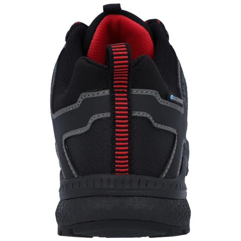 A black athletic shoe with a red accent on the heel features a textured outer surface and a padded collar The shoe appears to be designed for comfort and function