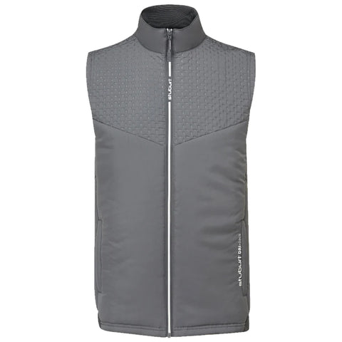 A gray sleeveless vest stands upright with a zippered front and a textured upper section. The vest is designed for warmth and versatility, suitable for outdoor activities or layering in cooler weather.