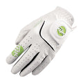 A white golf glove sits upright showcasing its textured surface and strategic perforations for grip and breathability with a green logo and trim enhancing its design