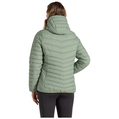 A green puffer jacket is displayed front-facing with a zippered closure and a hood, featuring a quilted appearance that suggests insulation for warmth in cooler weather.