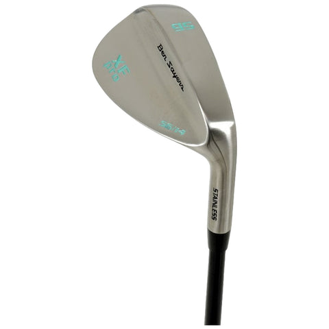 A golf wedge sits upright with a shiny stainless-steel head reflecting light the club features engraved text including Ben Sayer 56/14 and XF indicating its specifications in a neutral background.