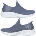 A pair of slip-on shoes in a textured dark blue material is displayed against a neutral background showcasing their round toe and a contrasting white sole designed for comfort and ease of wear.