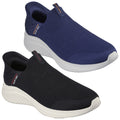 Two pairs of slip-on sneakers are displayed side by side one is navy blue and the other is black both have a textured fabric upper and a thick white sole