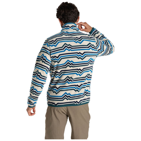 A person wearing a patterned fleece jacket stands with their back to the viewer adjusting the collar in a casual indoor setting with neutral lighting