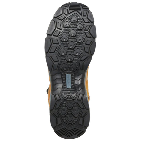 A shoe sole features a rugged pattern with hexagonal shapes designed for traction. It is positioned against a neutral background, highlighting its design and texture for stability and grip.