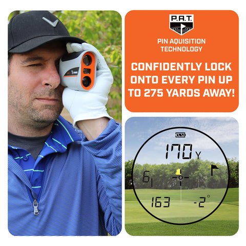 A man wearing a golf glove is aiming a rangefinder towards a distant target while standing outdoors on a golf course displaying measurement readings of 170 yards with various icons and numbers